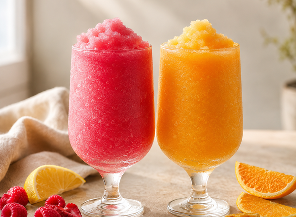 Two colourful frozen slush drinks with fruit on a neutral tabletop.