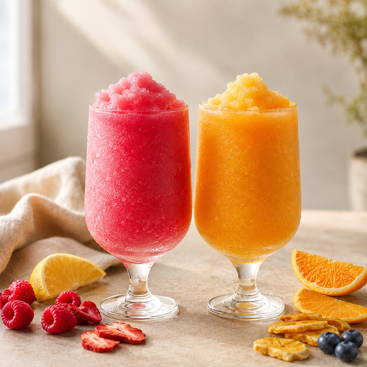 Two colourful frozen slush drinks with fruit on a neutral tabletop.