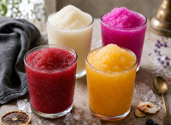 Four colourful frozen slush drinks arranged on a styled tabletop with ice, dried citrus, berries, linen, and a brass spoon.