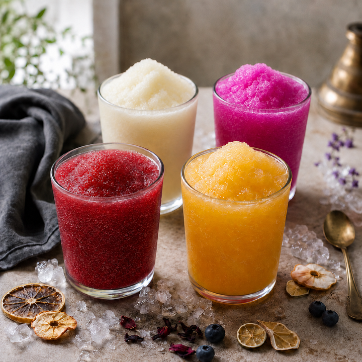 Four colourful frozen slush drinks arranged on a styled tabletop with ice, dried citrus, berries, linen, and a brass spoon.