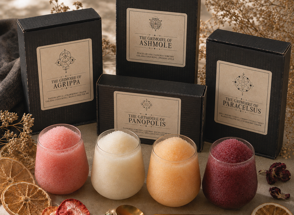 Premium gift box scene with four small glasses of colourful icy slush.
