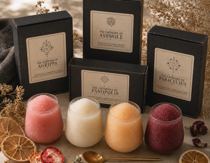 Premium gift box scene with four small glasses of colourful icy slush.