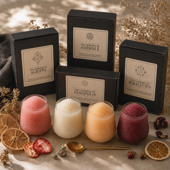 Premium gift box scene with four small glasses of colourful icy slush.