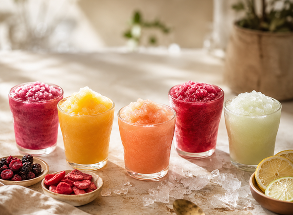 Five colourful frozen slush tasting glasses arranged on a neutral tabletop with fruit, citrus, crushed ice, and a brass spoon.
