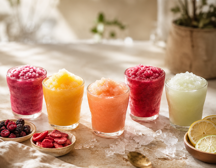 Five colourful frozen slush tasting glasses arranged on a neutral tabletop with fruit, citrus, crushed ice, and a brass spoon.