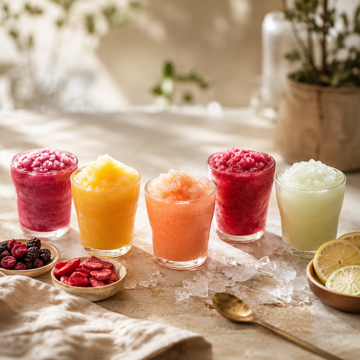 Five colourful frozen slush tasting glasses arranged on a neutral tabletop with fruit, citrus, crushed ice, and a brass spoon.