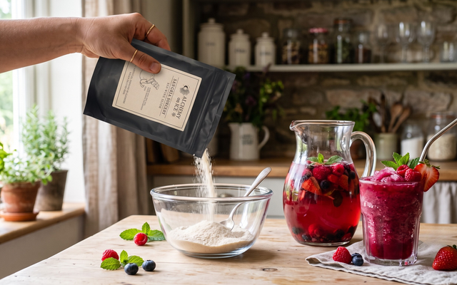 A hand pouring Sangria Sorcery dry mix from a black pouch into a glass bowl, next to a pitcher of fruit sangria and a finished red slush drink.
