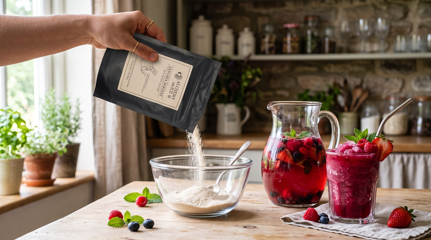 A hand pouring Sangria Sorcery dry mix from a black pouch into a glass bowl, next to a pitcher of fruit sangria and a finished red slush drink.