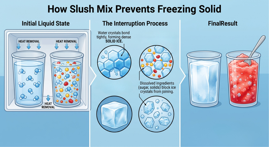 An infographic demonstrating how slush mixture prevents water from freezing solid