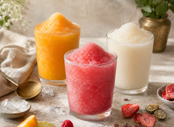 Three colourful frozen slush drinks with citrus, berries, crushed ice, and a brass spoon.