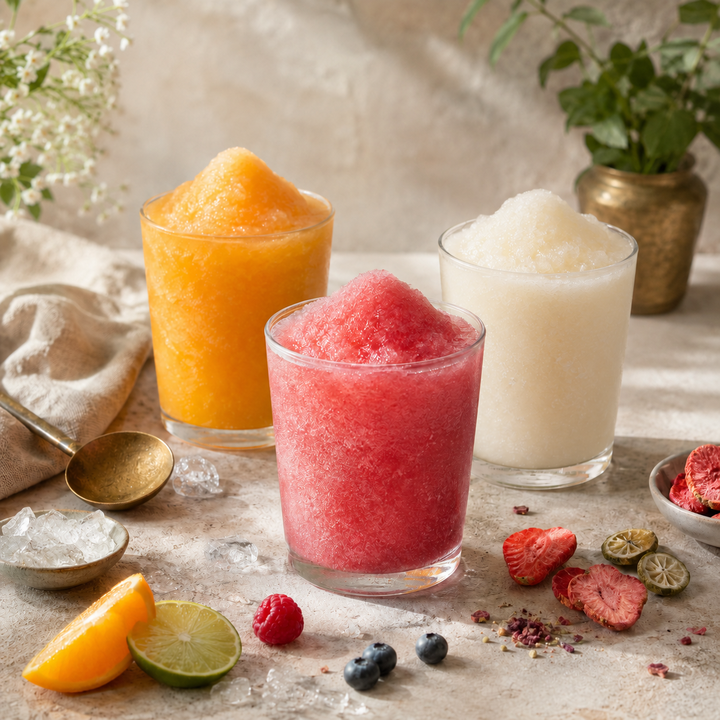 Three colourful frozen slush drinks with citrus, berries, crushed ice, and a brass spoon.