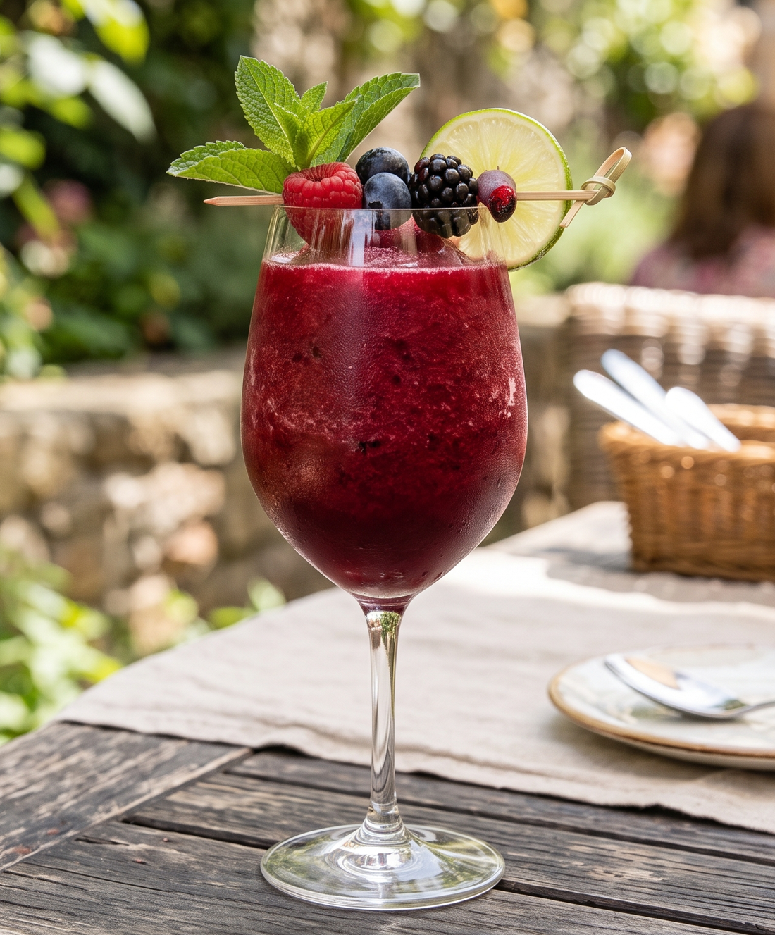 A wine glass filled with a deep ruby-red slush, garnished with a skewer of fresh berries, lime, and mint, sitting on a sunlit outdoor table