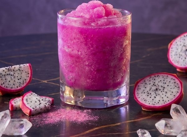 A visually stunning, vibrant magenta dragon fruit slush featuring mild, melon-like sweetness and an exotic flair. Its spectacular color provides unmatched shelf appeal, making it a highly marketable choice for modern consumers and premium stockists.