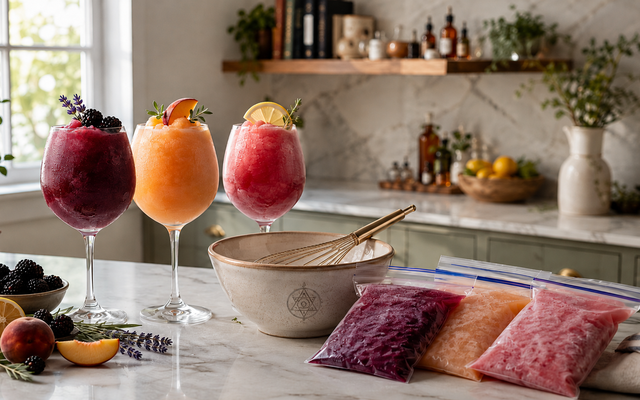 Three colourful wine slushies served in frosty glasses beside plain freezer bags filled with frozen slush mixture, fruit, a mixing bowl, and a whisk in a bright home kitchen. The image demonstrates an easy no-blender method for making smooth wine slushies