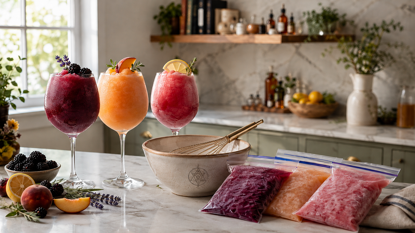Three colourful wine slushies served in frosty glasses beside plain freezer bags filled with frozen slush mixture, fruit, a mixing bowl, and a whisk in a bright home kitchen. The image demonstrates an easy no-blender method for making smooth wine slushies